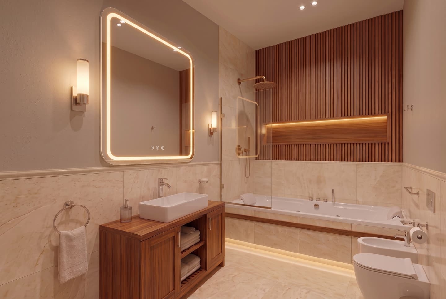 Render del proyecto de baño en Versalles: revestimiento de mármol crema, paño de listones de nogal, bañera y luz cálida indirecta.